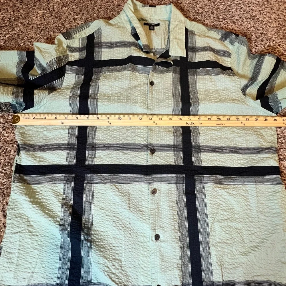 Alfani Men XXL Mint Green Navy Plaid‎ Seersucker Short Sleeve Button Up Shirt